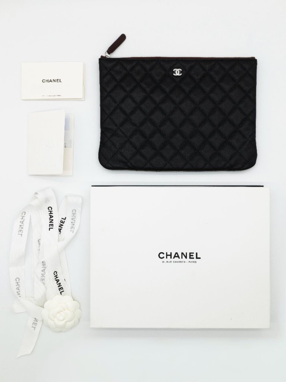 CHANEL Black Caviar Medium O Case w/ White 31 Rue Cambon Packaging & Entrupy COA